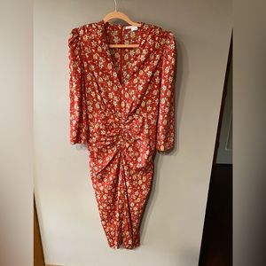 Veronica Beard 100% silk floral high low midi dress with ruching at hip. Size 8